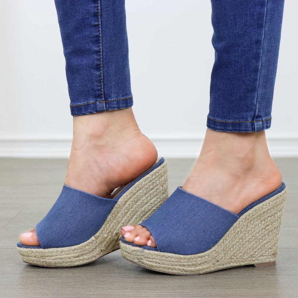 Blue Denim Slip On Espadrille Wedge Sandals - Picture 3 of 9